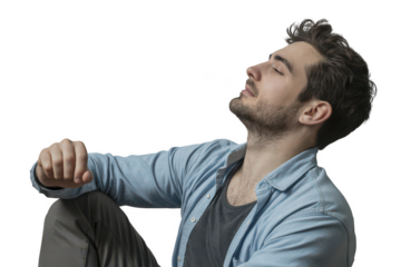 Man sitting with eyes closed, isolated on transparent background