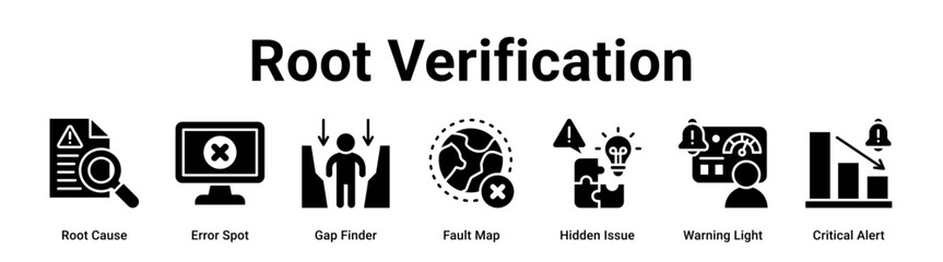 Root Verification web banner icon vector illustration concept for Business with icon of Root Cause, Error Spot, Gap Finder, Fault Map, Hidden Issue, Warning Light.