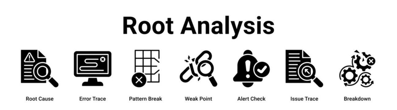Root Analysis web banner icon vector illustration concept for Business with icon of Root Cause, Error Trace, Pattern Break, Weak Point, Alert Check, Issue.