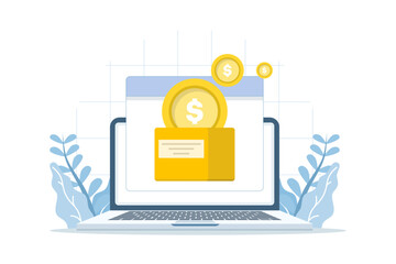 Online finance donation icon with money box, crowdfunding wallet, charity campaign, and digital fundraising service illustration.