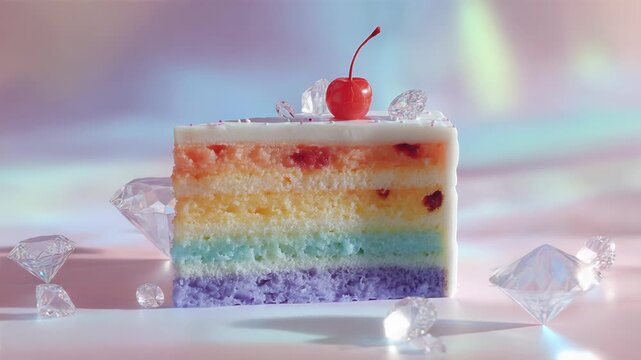 Rainbow cake slice with sparkling diamonds