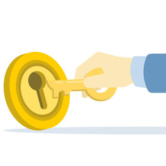 Illustration of a golden key opening a coin-shaped keyhole, representing investment access, unlocking financial potential, and exploring business opportunities.
