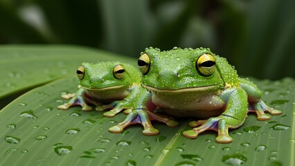 Green Frog Sitting on a Leaf, Close-Up Wildlife Photography