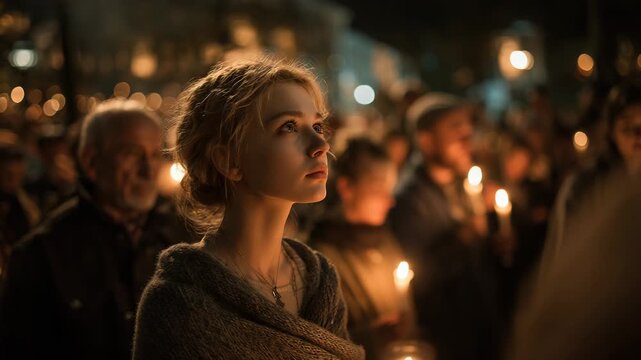 Woman praying amidst candlelight crowd