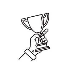 Line Drawing of a Hand Holding a Trophy Cup for Achievement Celebration.