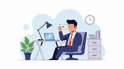 Businessman in suit sitting at desk holding an envelope with a laptop.