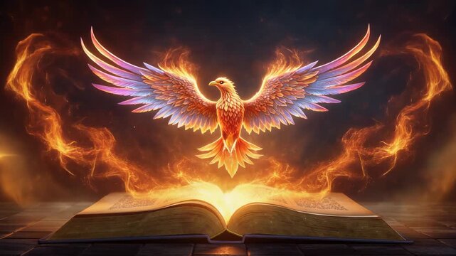 Stunning artistic representation of a phoenix rising from an open book, symbolizing rebirth and creativity