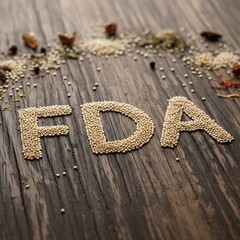 Small, light beige seeds form the letters FDA on a rustic wooden surface, surrounded by a variety of other spices and herbs.