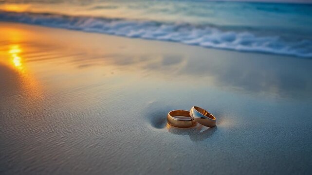 Beautiful wedding rings on the beach at sunset, symbolizing love and commitment