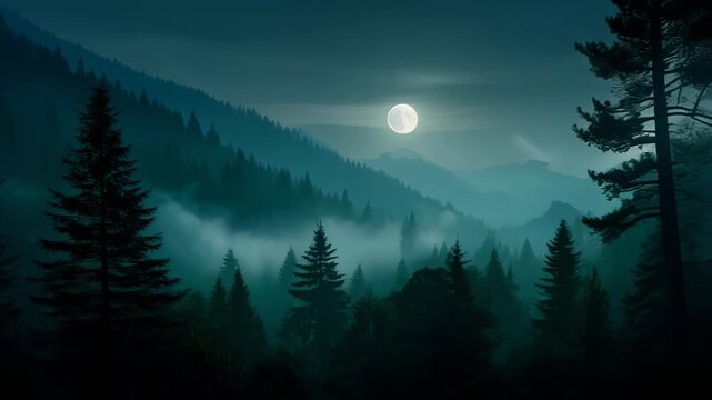 Serene moonlit forest landscape with misty mountains and silhouettes of tall trees