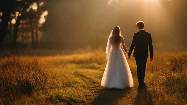 Romantic outdoor wedding couple walking hand in hand at sunset in a beautiful field