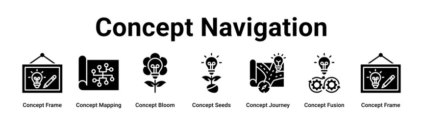 Concept Navigation web banner icon vector illustration concept for business with icon of Concept Frame, Concept Mapping, Concept Bloom, Concept Seeds, Concept Journey, Concept Fusion.