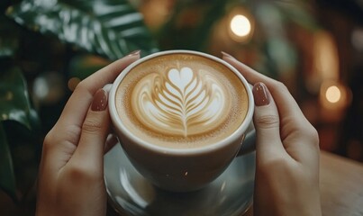 Hands, coffee cup and woman at cafe with latte art, break and caffeine, trend or local experience. Foam, leaf and customer relax with espresso design at a restaurant for weekend, Generative AI