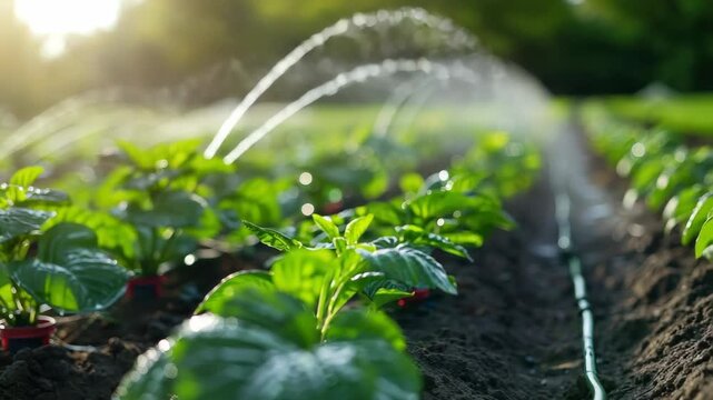 Close-up of crops being watered with drip irrigation system in lush, green farm, sunlight background