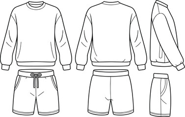 Oversized crewneck sweatshirt and shorts set technical fashion illustration, relaxed fit, long sleeves, drawstring waist, front and back, vector template. © JOYDIP ROY