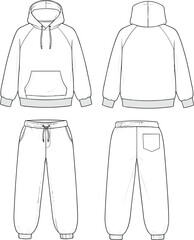 Oversized raglan sleeve hooded tracksuit set technical fashion illustration, fleece pullover hoodie and joggers sweatpants, front and back, vector template. © JOYDIP ROY