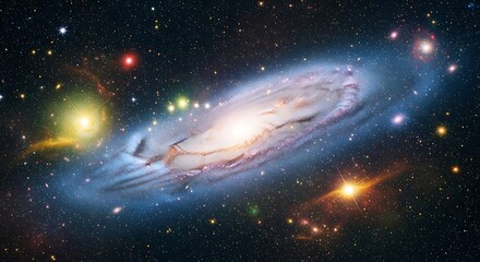 A stunning spiral galaxy, vibrant with cosmic colors, dominates a vast expanse of space, speckled with numerous stars.