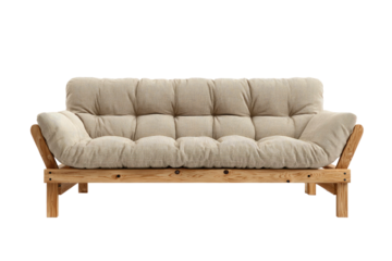 Light, comfy futon with wooden frame on a black background