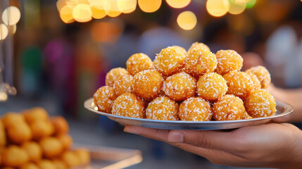 Delicious sweet balls coated in coconut, served on silver plate, evoke joy and celebration at vibrant market