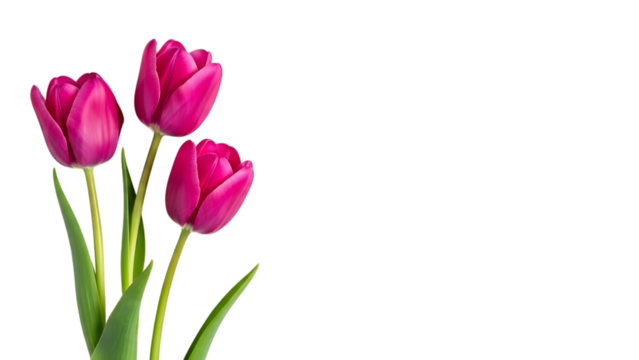 Three vibrant magenta tulips with green stems isolated on transparent background - Powered by Adobe