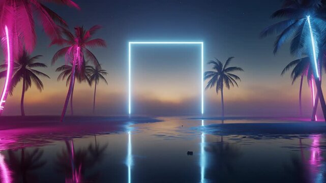 Vibrant digital landscape with neon palm trees and a surreal sunset at the beach