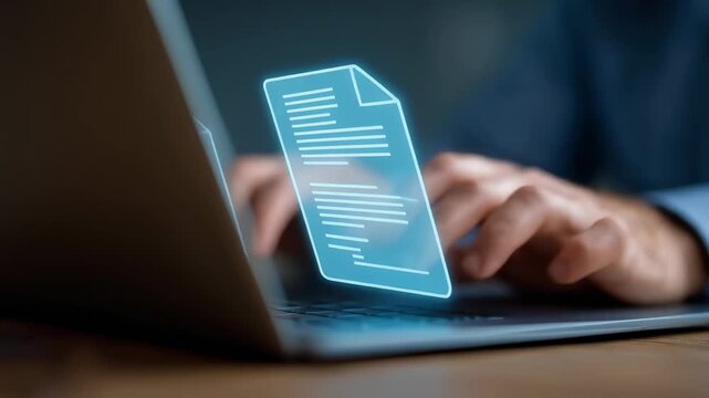 Modern digital workspace with hands typing on a laptop, showcasing virtual documents