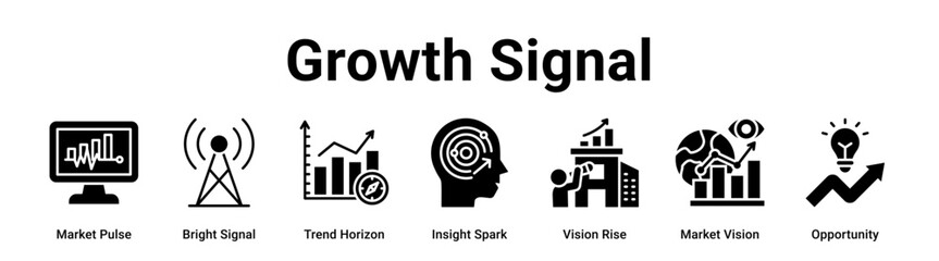 Growth Signal web banner icon vector illustration concept for business with icon of Market Pulse, Bright Signal, Trend Horizon, Insight Spark, Vision Rise, Market.