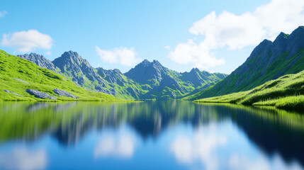 Serene mountain landscape with calm lake reflecting vibrant greenery and rugged peaks under clear blue sky