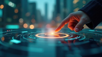 Hand touching glowing futuristic interface with digital data and bokeh lights