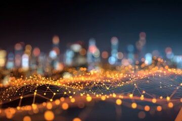 Dynamic fintech landscape featuring abstract city lights illuminating digital connections and innovations in a modern urban setting