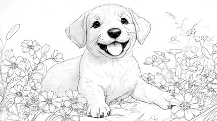 Cute puppy lying among flowers, showcasing joyful expression. illustration captures essence of innocence and playfulness