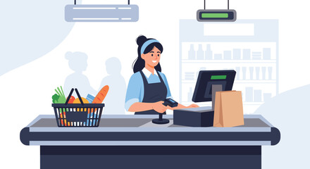 A friendly female cashier efficiently scans groceries from a customer's basket at the modern supermarket checkout counter.