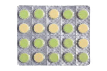 Pills, tablets in a blister pack isolated on white background, top view Healthcare and medicine concept