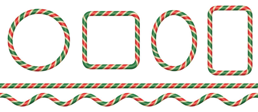  Candy cane borders in square, circle, and oval shapes, featuring festive Christmas frames, striped lollipop pattern brushes, decorative sweet designs,