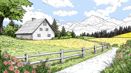 Serene landscape featuring white farmhouse, lush green fields, and majestic mountains background. scene is vibrant with colorful flowers