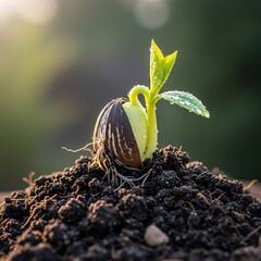 A vibrant sprout emerges from a seed in rich, dark soil, showcasing the promise of new life.
