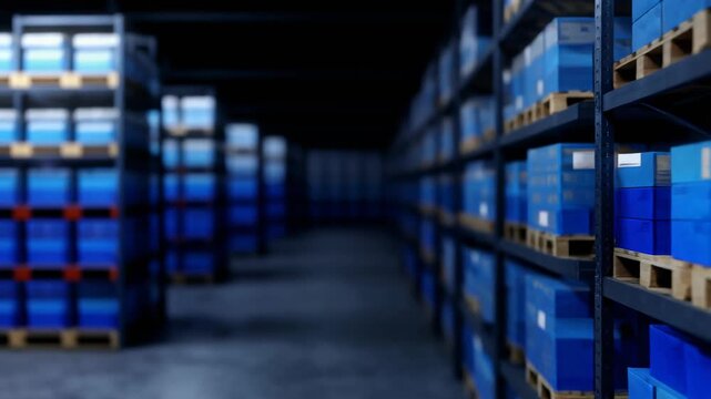 Modern warehouse interior with blue storage boxes on shelves in a dark environment