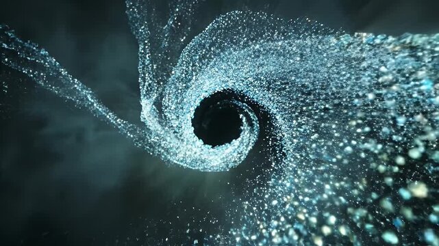 Cinematic motion footage of a powerful water vortex swirling into a dark central void with millions of glowing blue liquid particles.