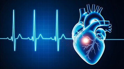 Human heart with glowing heartbeat line on blue digital background
