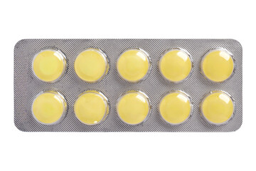 Yellow medicine pills in blister pack isolated on white background, Health and Medicine concept, top view.