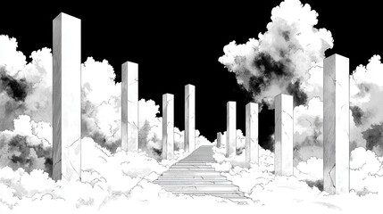 Surreal landscape featuring tall pillars rising above fluffy clouds, leading to staircase that disappears into misty horizon, evoking sense