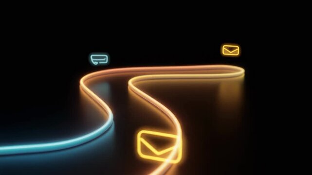 Colorful neon light path with communication icons, perfect for digital marketing and technology themes