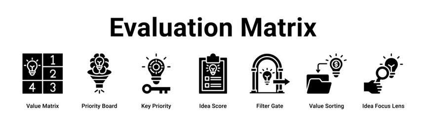 Evaluation Matrix web banner icon vector illustration concept for business with icon of Value Matrix, Priority Board, Key Priority, Idea Score, Filter Gate, Value Sorting, Idea.