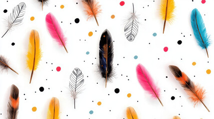 Colorful feathers arranged on white background create vibrant and playful pattern, perfect for artistic projects or creative designs