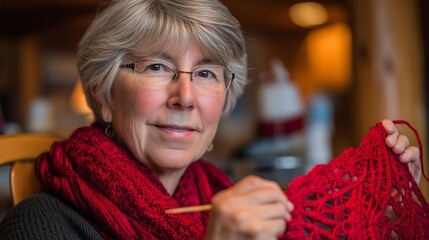 An elderly woman with a cheerful smile proudly displays her handcrafted knitted woolen scarf.