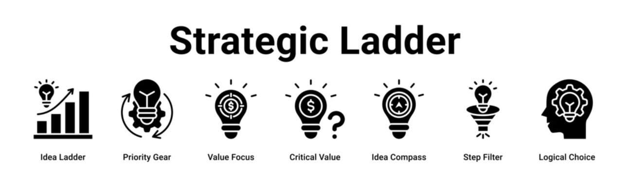 Strategic Ladder web banner icon vector illustration concept for business with icon of Idea Ladder, Priority Gear, Value Focus, Critical Value, Idea Compass, Step Filter.