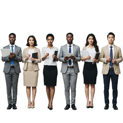 Obraz premium Diverse group of six professional business people standing together holding documents and tablets isolated on transparent background