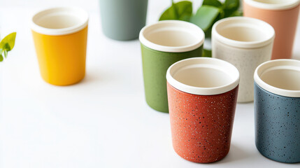 Colorful ceramic cups arranged on white surface, showcasing variety of hues and textures, perfect for modern kitchen decor