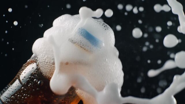 a carbonated drink bottle being opened. As the cap twists off, fizzy bubbles rapidly rise and thick foam overflows smoothly from the bottle&rsquo;s mouth