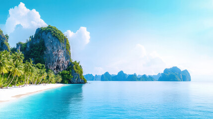 Serene beach scene featuring clear blue waters, lush green palm trees, and dramatic rock formations bright sky. tranquil atmosphere invites